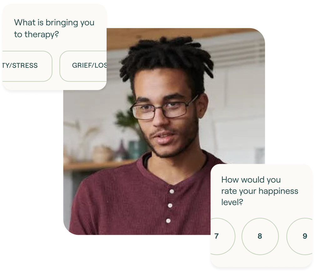 Person looking intently at the Frame therapy survey questions “What is bringing you to therapy?” and “How would you rate your happiness level?”
