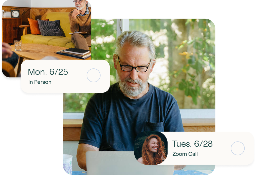 Person communicating with a therapist on a computer screen with an in-person calendar event for Monday June 25th and a Zoom call calendar event for Tuesday June 28th